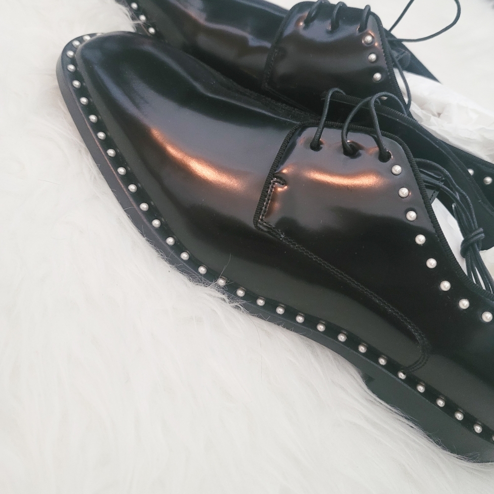 NWB Jimmy Choo Shiny Black Leather Oxford Shoe with Pearl Detailing - Picture 3 of 8